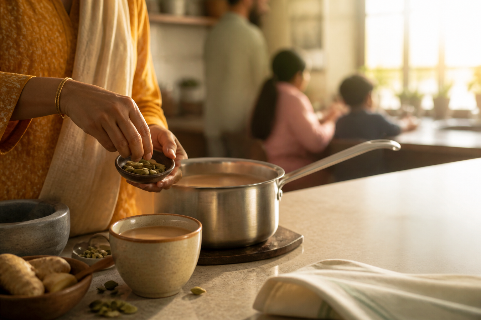 A warm Indian kitchen scene with chai, cardamom and a family morning ritual